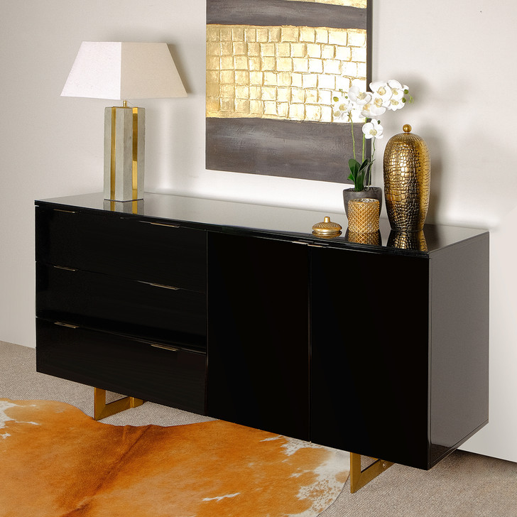 Ebony Black Buffet with Black Glass Top & Brushed Gold Legs & Handles