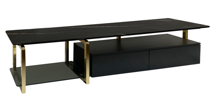 Rome Black Stone Entertainment Unit with Polished Gold Frame