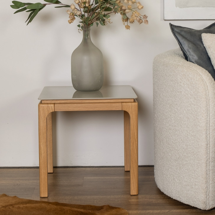 Mackay Lamp Table in High Gloss Taupe Polyurethane & Oak