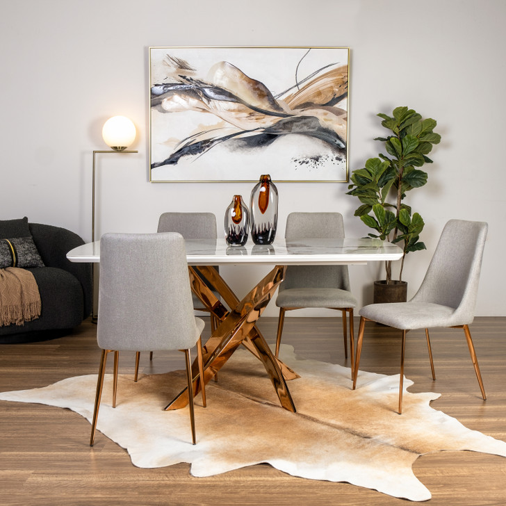 Rosita Sintered Stone Dining Suite with Polished Rose Gold Base with Fossil Chairs