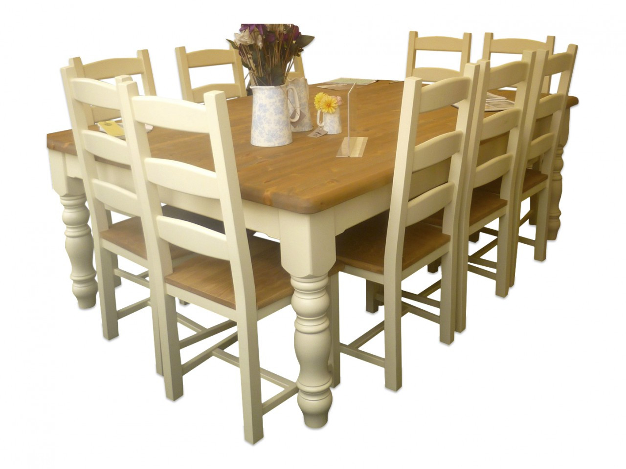 farmhouse style table 7ft x 5ft and 10 ladder back chairs