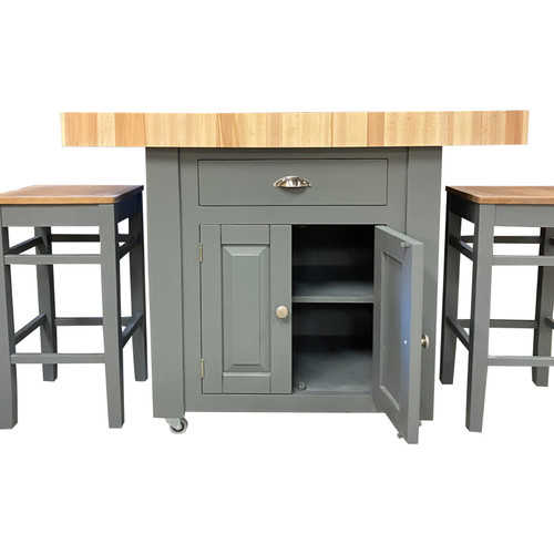 Our new double overhang beech end grain butchers block kitchen island with built in cupboard