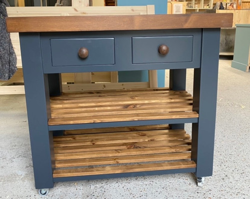 !00cm x 60cm reclaimed butchers block kitchen island with dark stain and wax finish. Please note that 100cm version only has one drawer.