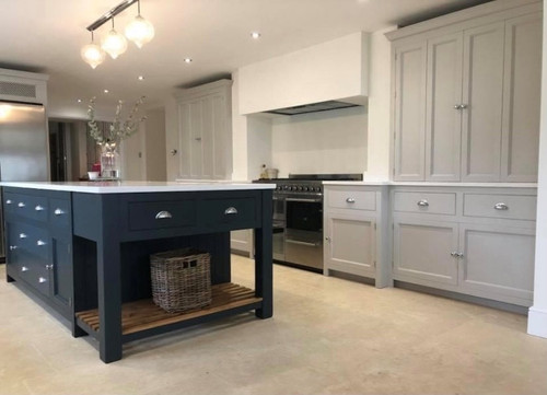 Kitchen island with built in kitchen larder, larder cupboard incorporated in to the design. Hand made in the UK