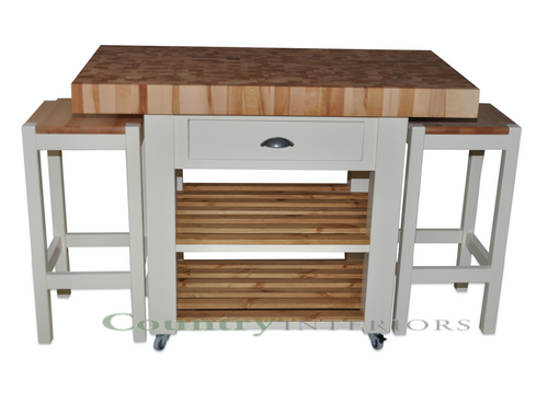 Butchers block island with stools, end grain beech - colour "white tie"