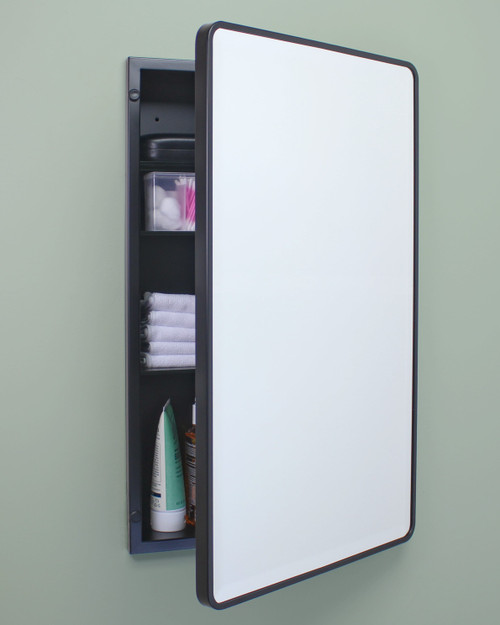 16x26 Austin Farmhouse Metal Framed Rounded Rectangle Recessed Bathroom Medicine Cabinet with Beveled Mirror, fits 14x24 In-Wall Opening, Black