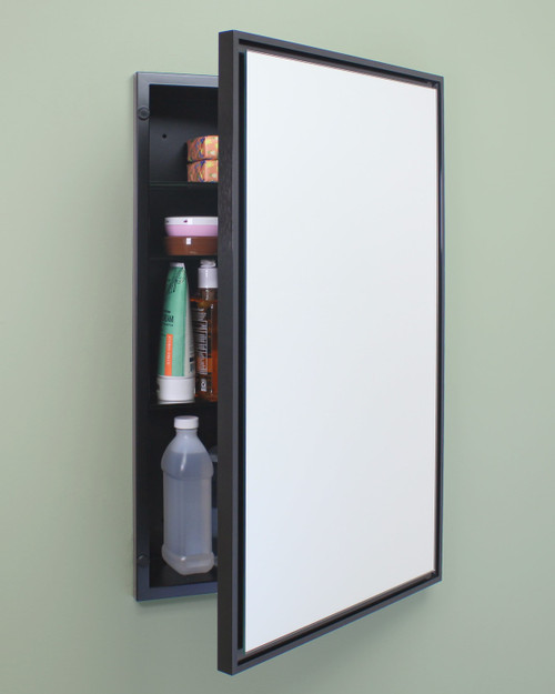 16x26 Parker Metro Metal Framed Rectangle Recessed Bathroom Medicine Cabinet with Floating Mirror, fits 14x24 In-Wall Opening, Brushed Black 16x26 Parker Metro Metal Framed Rectangle Recessed Bathroom Medicine Cabinet with Floating Mirror, fits 14x24 In-Wall Opening, Brushed Black