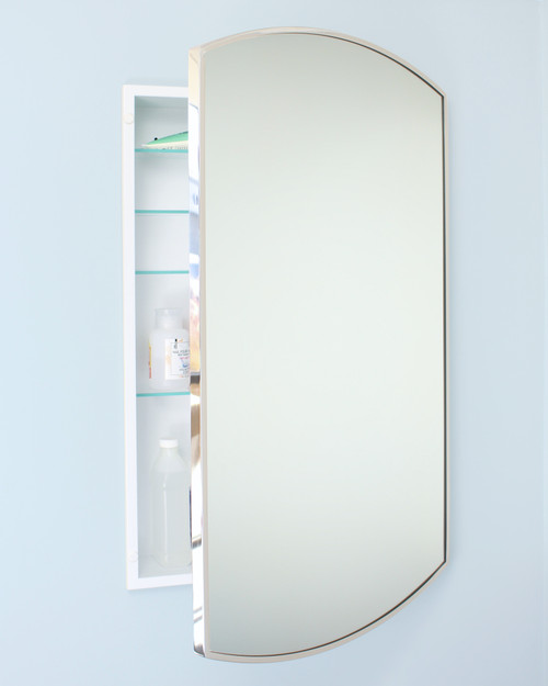 20x30 Harper Crescent Metal Framed Recessed Bathroom Medicine Cabinet with Arced Mirror, fits 18x28 In-Wall Opening, Chrome