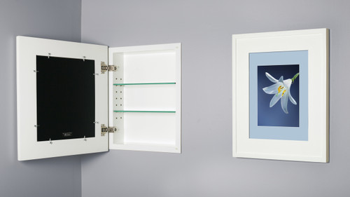 White (13 1/8 x 16) concealed medicine cabinet with picture frame door, display your own art instead of a mirror
