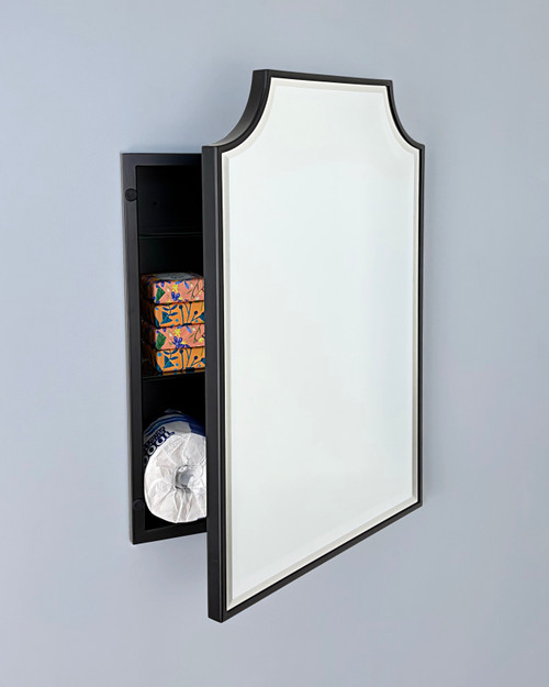 16x20 Andrea Deco Metal Framed Rounded Rectangle Recessed Bathroom Medicine Cabinet with Beveled Mirror, fits 14x18 In-Wall Opening, Black