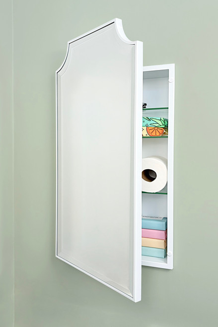 16x26 Andrea Deco Metal Framed Recessed Bathroom Medicine Cabinet with Beveled Mirror, fits 14x24 In-Wall Opening, White