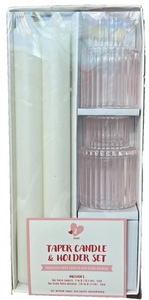 White 8" Taper Candles & Pink Glass Holders Set — 2 Unscented Tapers