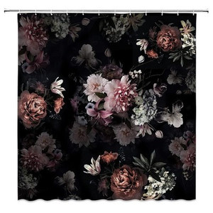 Boho Floral Shower Curtain 70x70" – Pink Black Watercolor with 12 Hooks