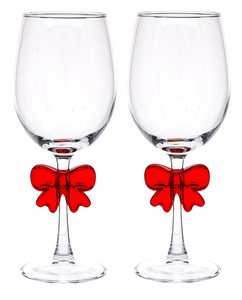 Holiday Time Christmas Red Wine Glasses Set of 2 with Red Bow – 15.5oz