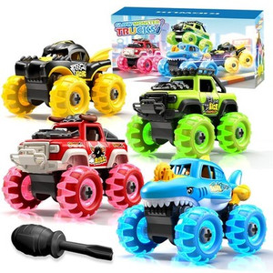 Kigwux 4-Pack Light-Up Monster Truck Toys with Take-Apart Drill for Kids