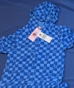 Juicy Couture Y2K Blue Checkered Terry Cloth Short Sleeve Hoodie – Size S NWT