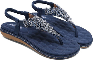 Women's Boho Rhinestone Flat Thong Sandals – Navy Blue Cushioned Beach Sandal