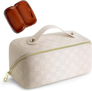TBOLINE Large Waterproof Travel Makeup Bag – White Checkered PU Leather