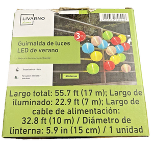 Livarno 55.7ft LED Fabric Lantern String Lights – 15 Lanterns IP44 Timer