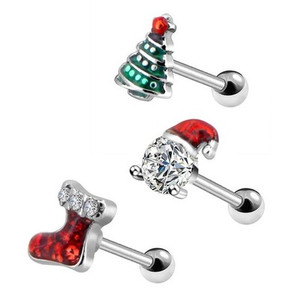 3-Pack Christmas Tragus Cartilage Stud Earrings 316L Surgical Steel 16G 6MM