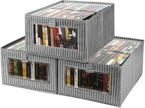 FATMOON 3-Pack Foldable Grey Linen Fabric Storage Bins with Clear Window