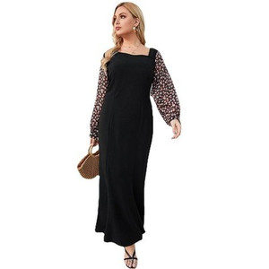 CHICAURA Plus Size 5XL Black Floral Wrap Maxi Dress - Long Sleeve Square Neck