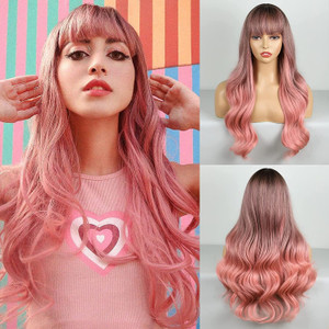 BOGSEA Ombre Pink Long Wavy Wig with Bangs – 24 Inch Heat Resistant
