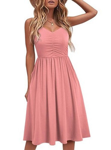 Yathon Women's Coral Spaghetti Strap Cotton Summer Dress with Pockets