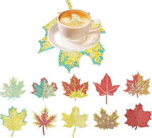 Belors 10pc Fall Maple Leaf Diamond Art Coasters Kit with Wooden Holder