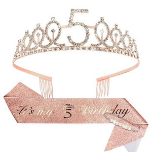 CIEHER 5th Birthday Crown & Sash Set – Rose Gold Glitter Tiara for Girls