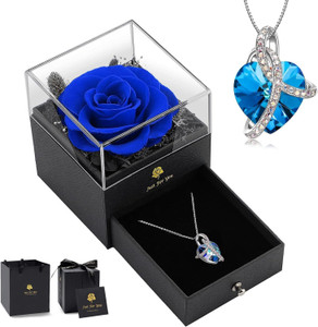 Blue Preserved Rose Glass Dome Gift Set with Moissanite Necklace