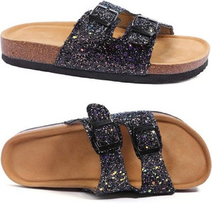 Girls Black Glitter Thong Slide Sandals – Flat Open Toe, Size 11.5
