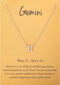 Gemini Zodiac Sign Pendant Necklace 18K White Gold Plated 18" Rolo Chain