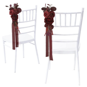 Red Rose Pew Chair Back Floral Decor with Chiffon Ribbon – 2-Piece Wedding Set