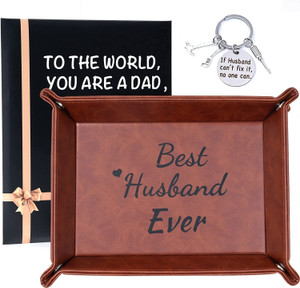 PU Leather Valet Tray & Keychain Gift Set – Best Husband Ever, Brown 10.6x9"