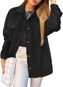 Women's Black Corduroy Shacket Jacket Large – Button Down with Pockets