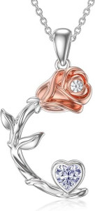 925 Sterling Silver Rose Moon Pendant Necklace with Garnet Heart – 18" Chain