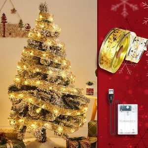 33Ft 100 LED Gold Foil Christmas Ribbon Fairy Lights – Battery Warm White