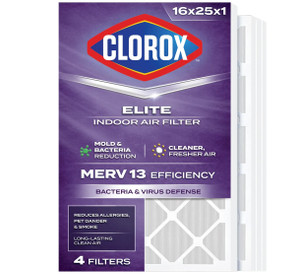 Four-pack of Clorox 16x25x1 MERV 11 pleated furnace and AC air filters in white beverage board frames