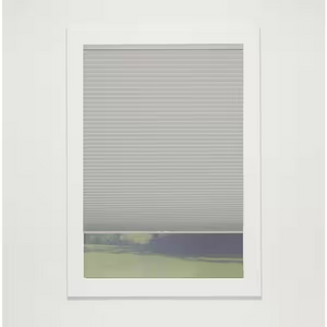 Perfect Lift gray cordless blackout cellular shade 25.5 by 54 inches mounted on window, single cell honeycomb design in gray cloud color