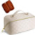 TBOLINE Large Waterproof Travel Makeup Bag – White Checkered PU Leather