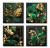 4-Piece Emerald Green Gold Leaf Tropical Botanical Canvas Wall Art 12x12