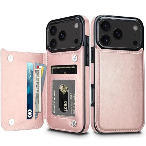 Hiandier iPhone 17 Pro Rose Gold Wallet Flip Case – PU Leather & Card Slots