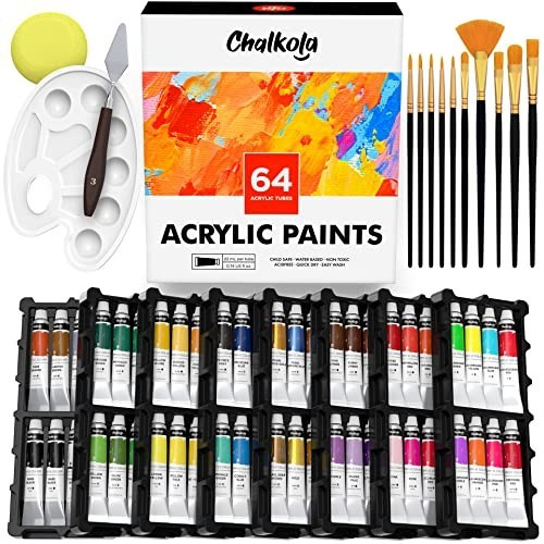 Chalkola 64-Color Acrylic Paint Set – 10 Brushes, Palette & Tools Included