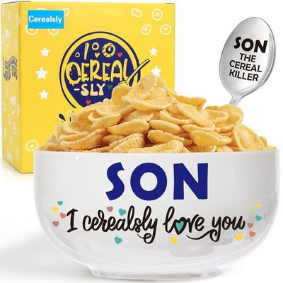 BackURyear 'I Cerealsly Love You' 24oz Ceramic Bowl & Spoon Gift Set for Son