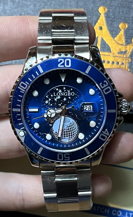 Longbo Men's Stainless Steel Quartz Watch – Blue Dial & Date Display