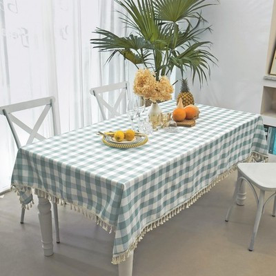 Midsummer Aqua Buffalo Plaid Cotton Tablecloth 55x102 with Tassels