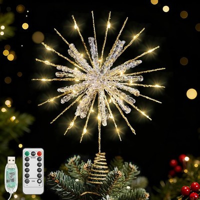 Lewondr 12" Gold Snowflake Christmas Tree Topper – 30 LED Remote USB