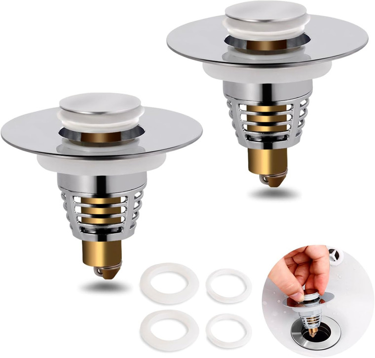 2-Pack Pop-Up Sink Stopper & Hair Catcher Drain Strainer – Universal Fit