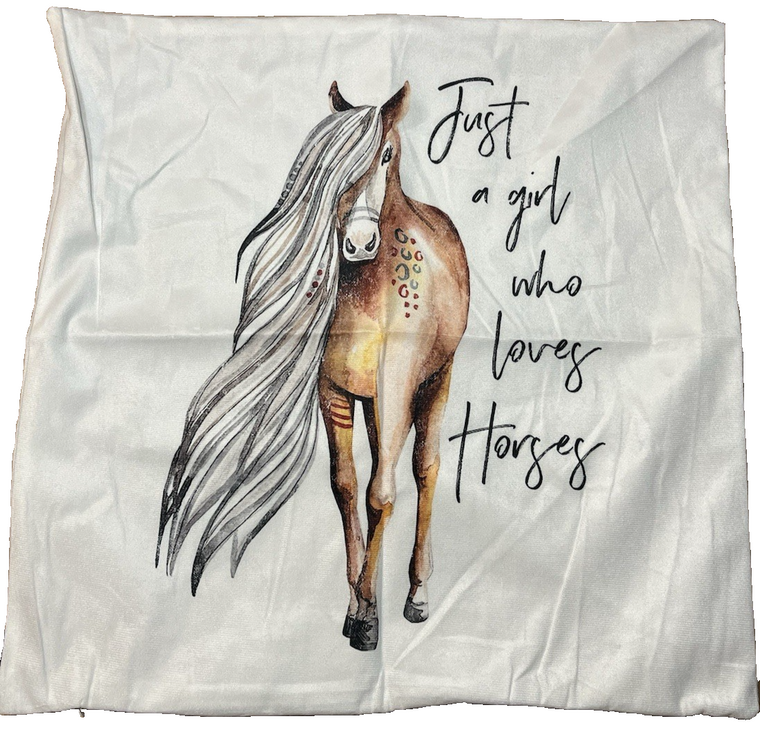 Just a Girl Who Loves Horses Throw Pillow Cover 18x18 Beige Flannel